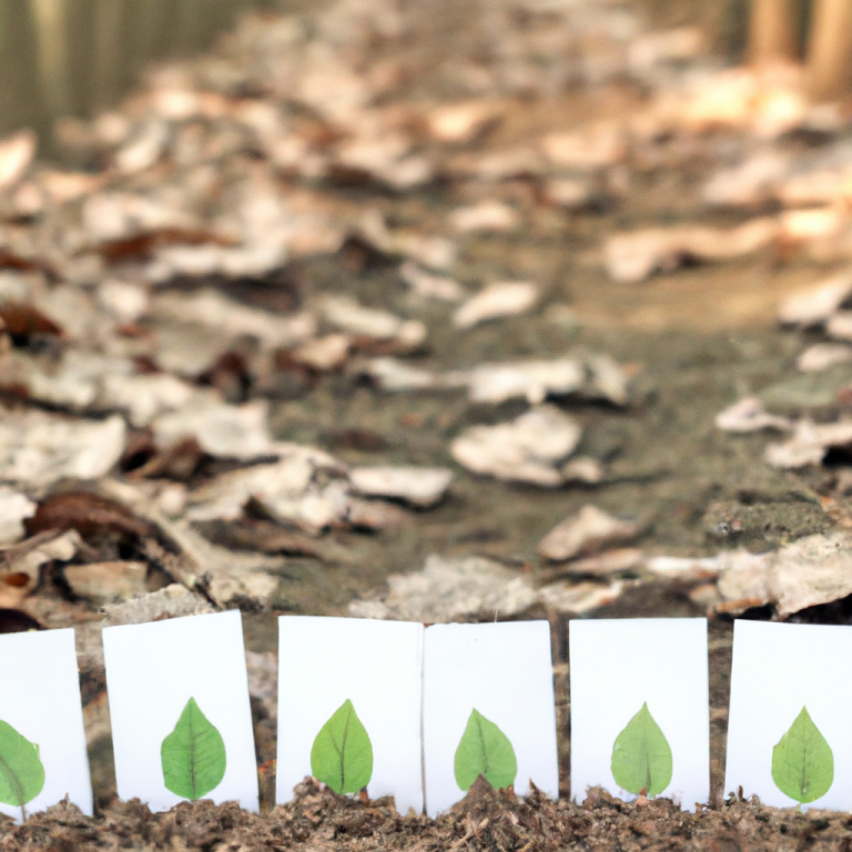 Rows of green leaves on cards placed on a dry, leaf-covered ground.